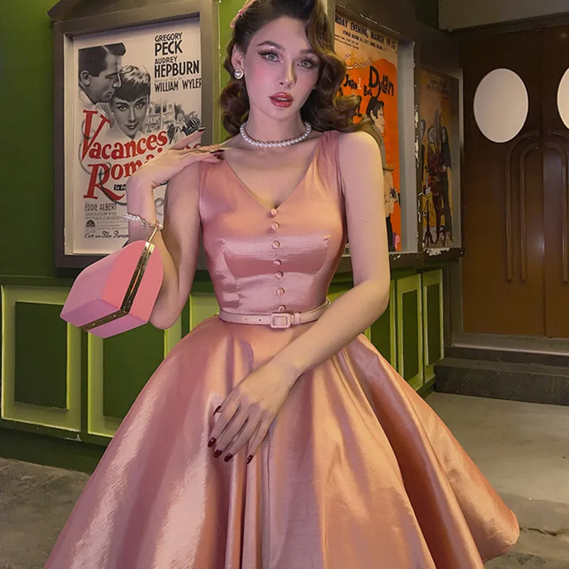 

Le Palais Vintage 2021 Summer New Original Coral Pink V Neck Dresses for Women Elegant Slim Collect Waist Ball Gown Party Dress