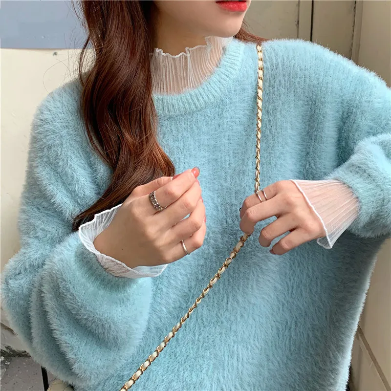 

Women Winter O Neck Sweater Ladies Casual Korean Patchwork Pullovers Long Sleeve Autumn Warm Sueter Soft Loose Famale Tops