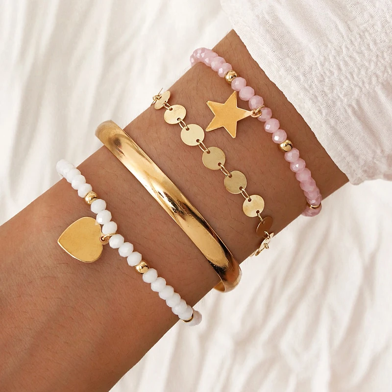 

Aprilwell 4 PCs Star Heart Tassel Charm Bracelet Sets For Women Gold Color Wrist Chain Trendy Armband Y2k Fashion Beads Jewelry