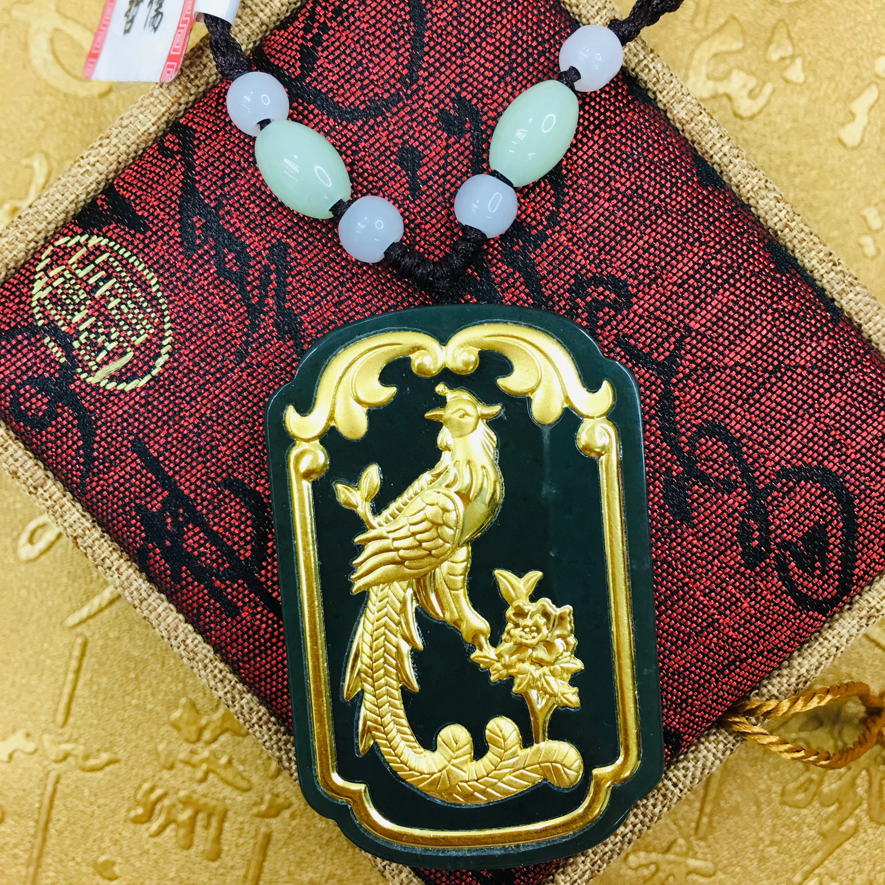 

Send A-level certificate Natural Hetian jade inlaid 24K Golden Bird King Phoenix Pendant with hand-woven necklace