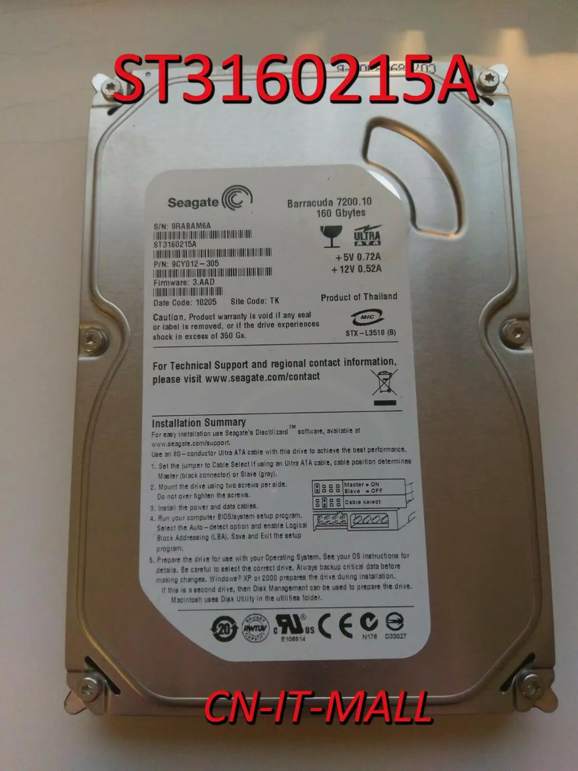 

Seagate BarraCuda 7200.10 ST3160215A 160GB 7200 RPM 2MB Cache IDE Ultra ATA100 / ATA-6 3.5" Hard Drive