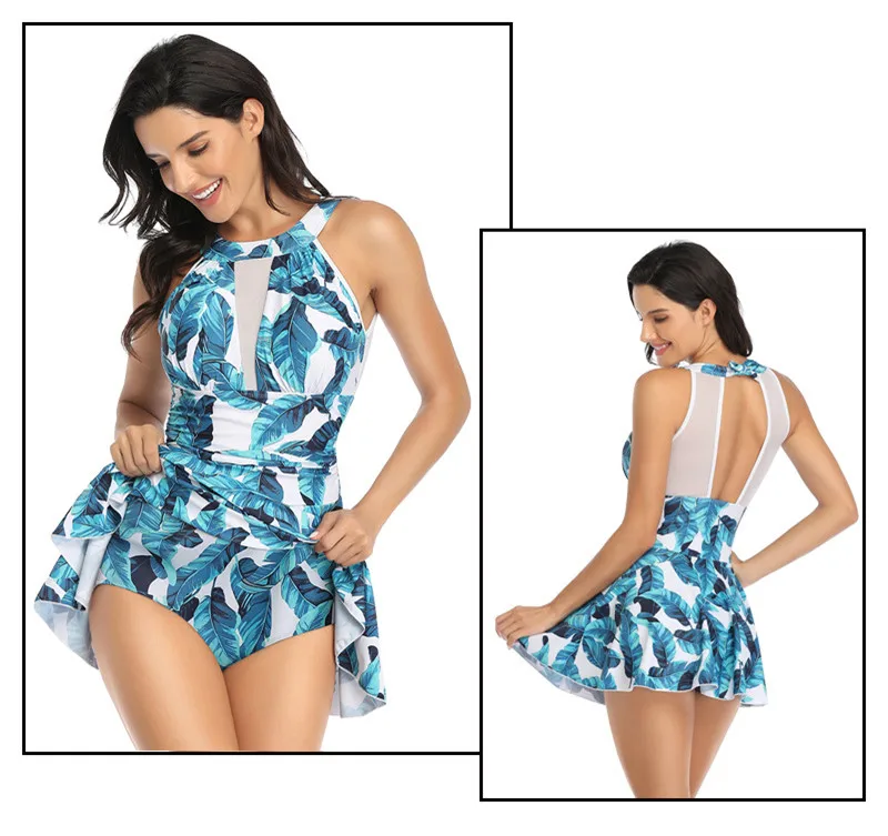 Floral One Piece Swimsuit with Skirt Mesh High Neck Swimwear for Women Flower Print Swimming Suit One-piece Swimdress plus size |