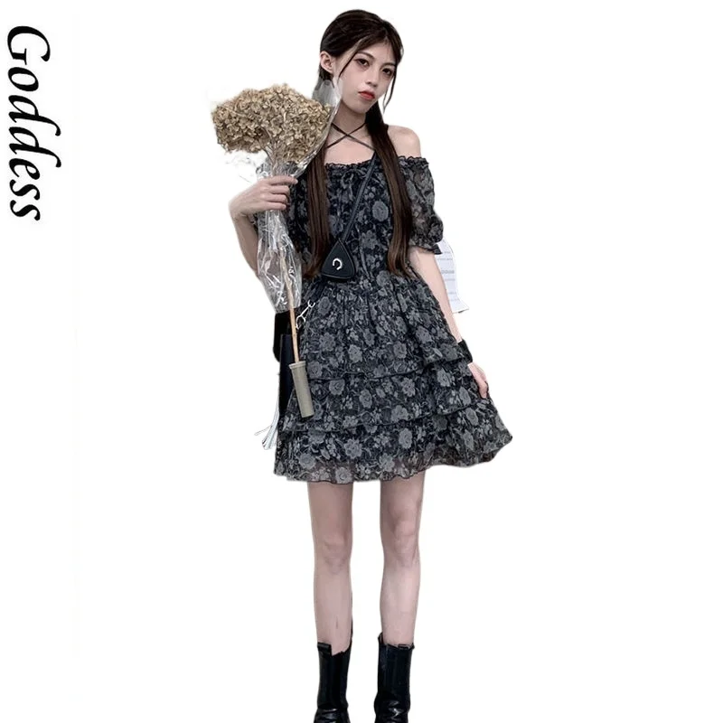 

Summer 2021 Elegant Casual Women's Dresses Party Short Sleeve Vintage Sexy Dresses Floral One Piece Dress Korean Bandage Design