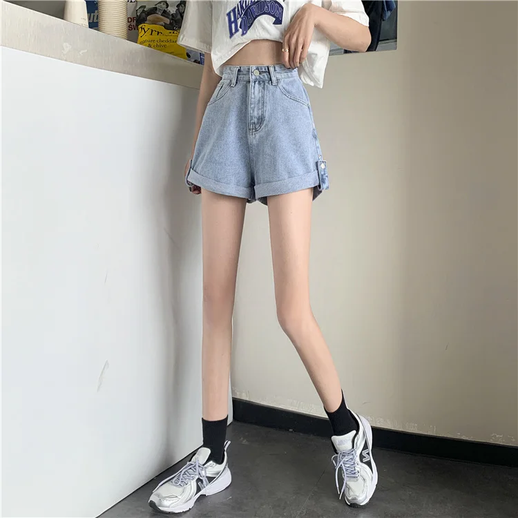 

Summer 2021 New Wide Leg Denim Shorts Women's Loose Thin Rolled Jeans Short Pants Casual Straight Retro High Waisted Shorts