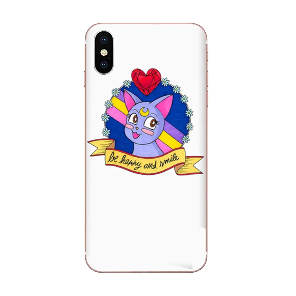 Чехол для телефона Huawei Honor 4C 5A 5C 5X 6 6A 6X 7 7A 7C 7X 8 8C 8S 9 10 10i 20 20i Lite Pro из мягкого TPU материала с черной картинкой Сейлор Мун и котиком на лицевой стороне.