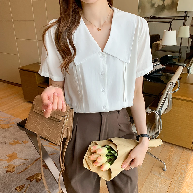 

COIGARSAM Office Lady Short Sleeve Shirt Womens tops Peter pan Collar Women shirts White 6049