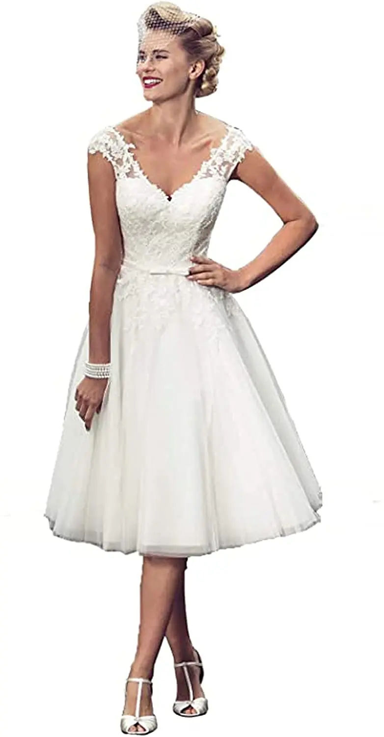 

Короткие кружевные свадебные платья до колен для путешествий тюлевые разы с V-образным вырезом кружевные платья для невесты винтажное плат...