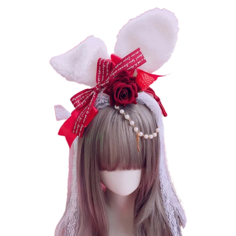 

Обруч для волос Sweet Lolita, кружевная вуаль с бантом из ленты и жемчужин, в готическом стиле, ободок с заячьими ушами