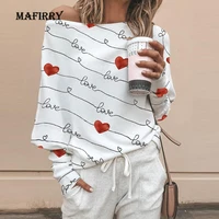 spring autumn casual loose skew collar blouse female heart print slim hollow out tops women off shoulder long sleeve pullovers