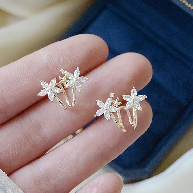 

YDL Elegant No Pierced Ears Flower Earring Transparent Zircon Ear Bone Clip for Women Charm Wedding Anniversary Pendant Gift