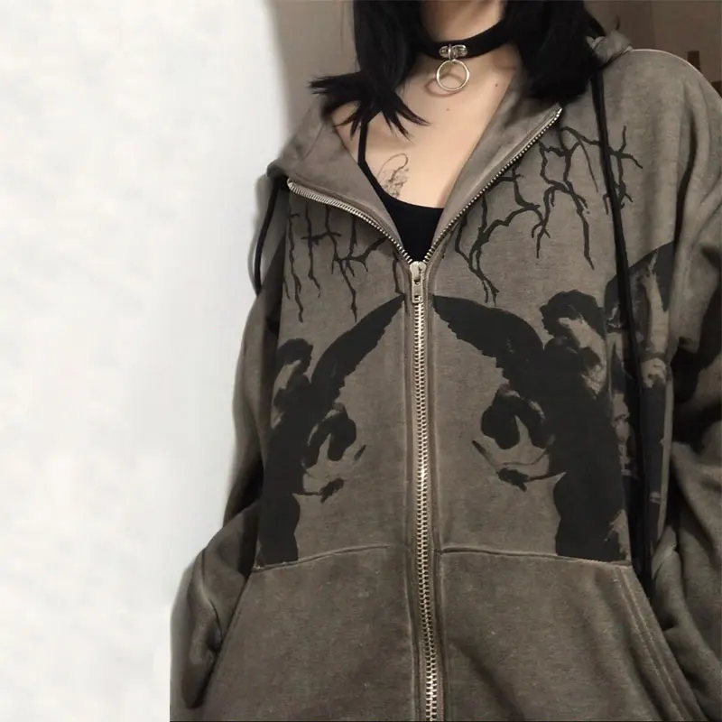 New Winter Brown Vintage Angel Fairy Print Women Hoodies Hip Hop Streetwear Coat Harajuku Goth Sweatshirt Zip Y2k Female Clothes