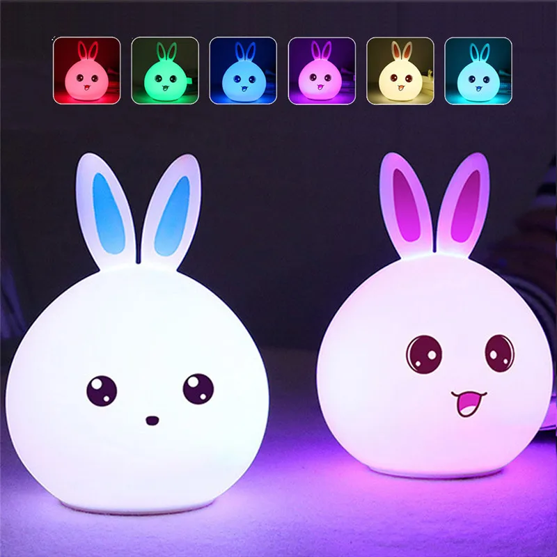 Dozzlor Cartoon Rabbit LED Night Light Remote Touch Sensor Colorful USB Silicone Bunny Bedside Lamp For Children Kids Baby | Лампы и