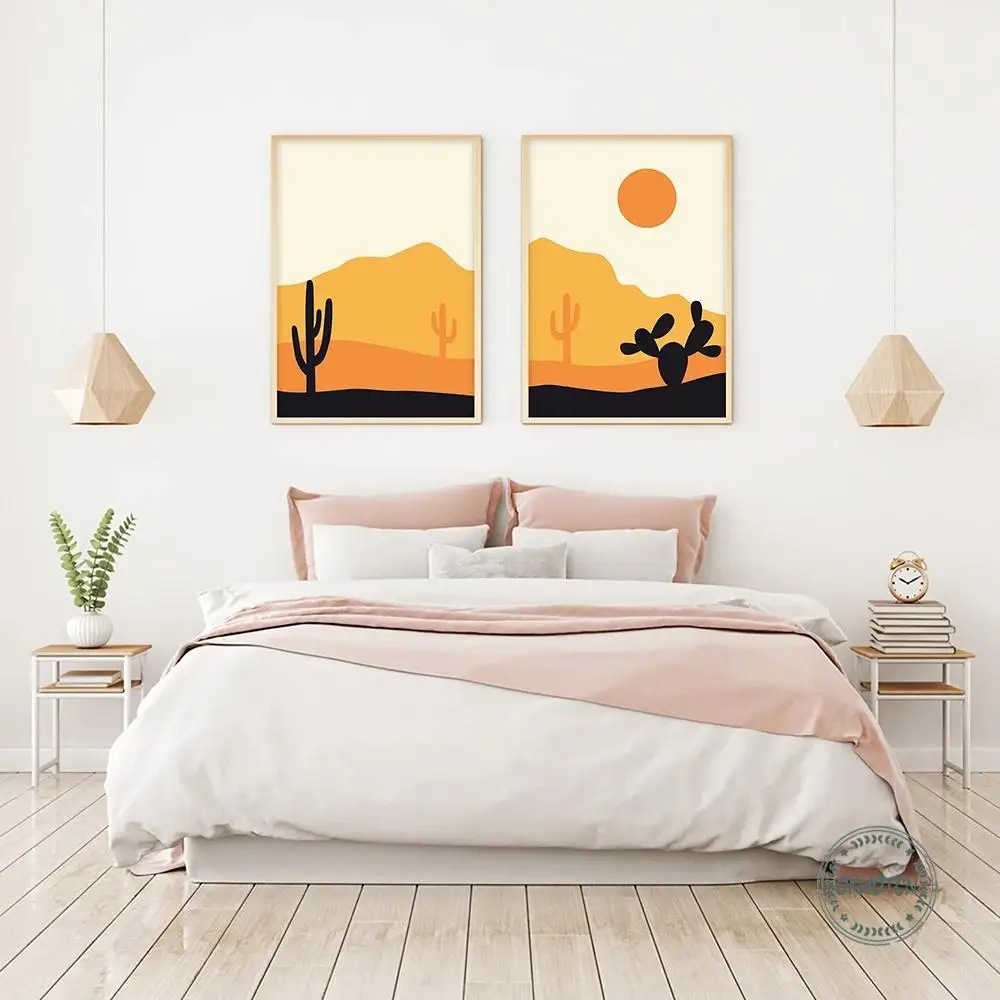 

Abstract Desert Cactus Sunrise Poster Orange Mid Century Cartoon Nature Landscape Canvas Painting Wall Art Pictures Modern Decor