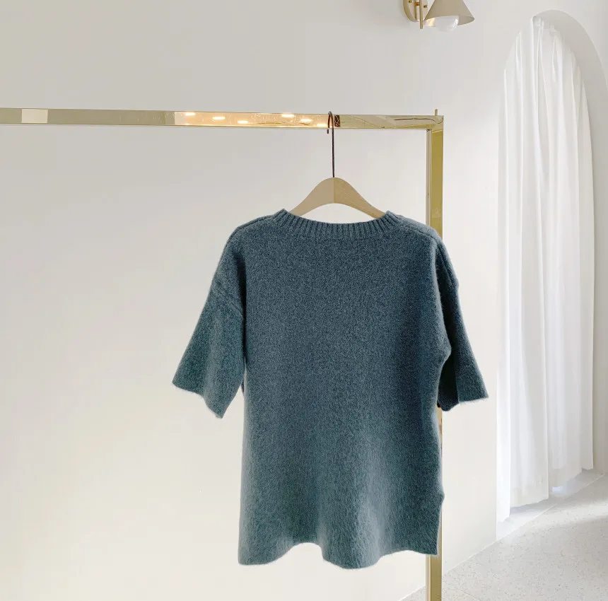 

2021 Spring Half Sleeve Knitted Pullover Tops Women O-neck Splitting Mohair Sweater Fashion Korean Solid Loose Jumpers Mujer