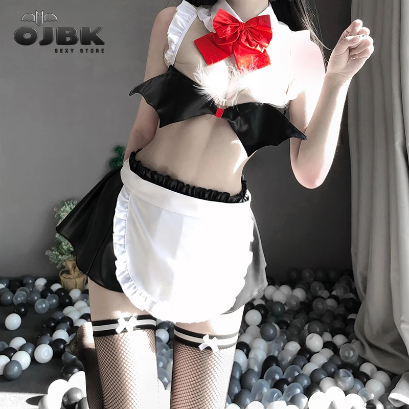 

Sexy French Apron Maid Cosplay Costumes With Bow knot Collar Backless Little Devil Bat Bra Pu Skirt Erotic Outfit For Women 0670