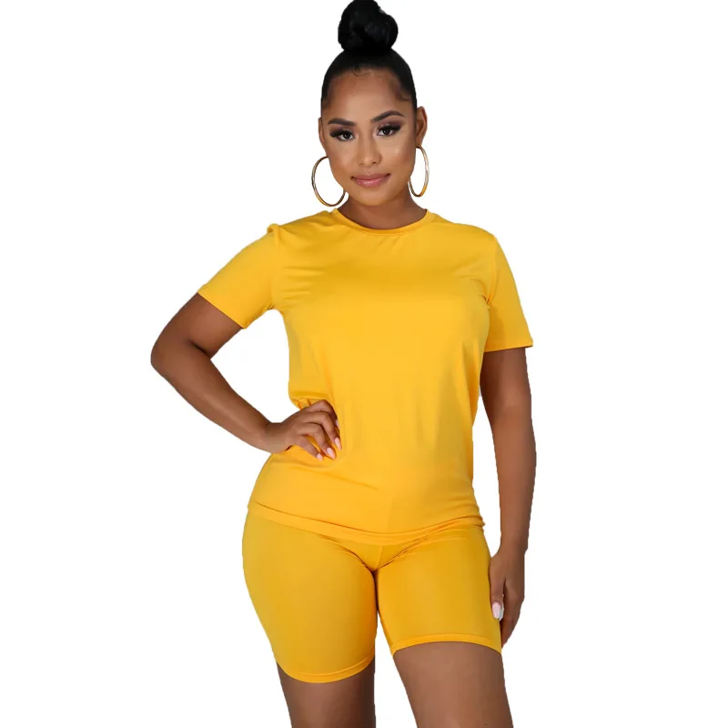 

Solid Color Print Sport & Biker Shorts Summer Women Suit European and American Hot Style Model Two Piece Set