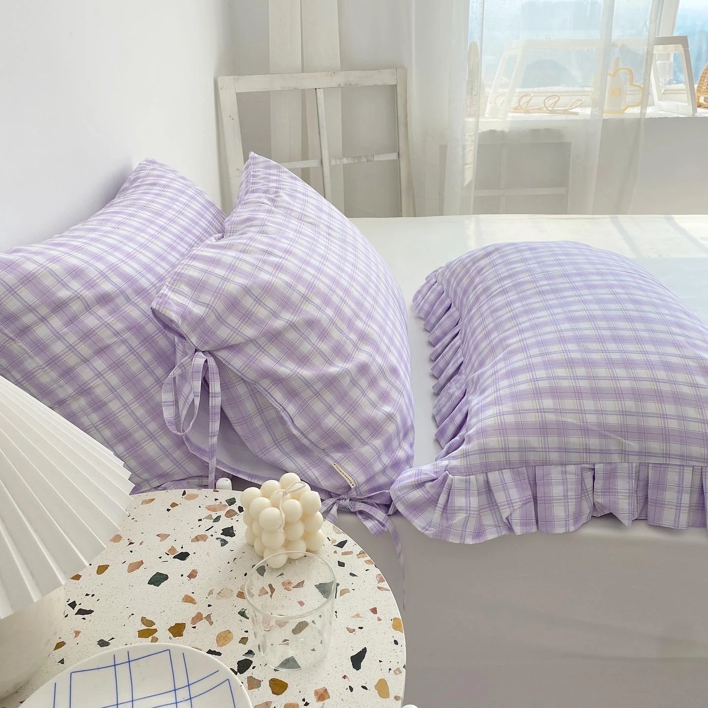 

74x48cm 100% cotton light purple gingham pattern pillowcase ruffles flounced single pillow cover bedroom pillow case