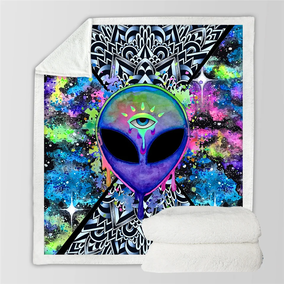 Trippy Alien by Brizbazaar Sherpa Blanket Watercolor Throw Blanket The Third Eye Custom Blanket Mandala Saucerman Mantas De Cama