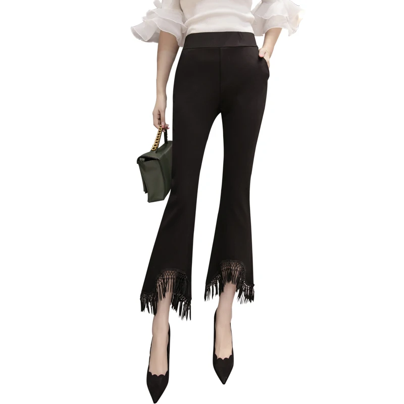 

Black Stretch Boot Cut Pant for Women Fashion Office Work Elegant Trousers New Casual Slim Street Thin Korean Pockets Lace Pants