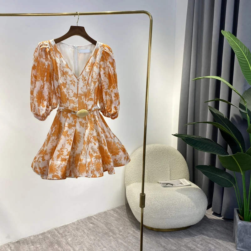 

2022 Summer New Arrival High Quality Lantern Half Sleeve Orange Flower Leaf Print Sweet Mini Dresses with Shell Belt Holity