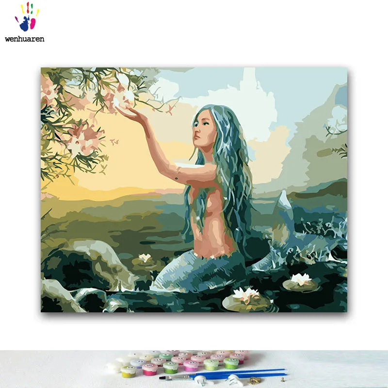 DIY Раскрашивание по номерам русалки в море картины с комплектами 40x50