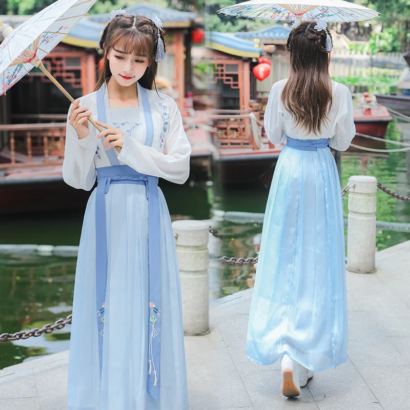 

Женское китайское платье Hanfu, полный комплект с элегантной талией и юбкой, летнее тонкое платье Hanfu для косплея