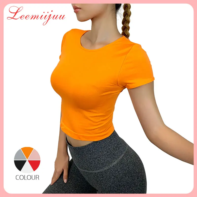 

LEEMIIJUU Однотонная рубашка для йоги женский короткий топ для фитнеса с коротким рукавом топы для тренировок одежда для спортзала спортивная о...