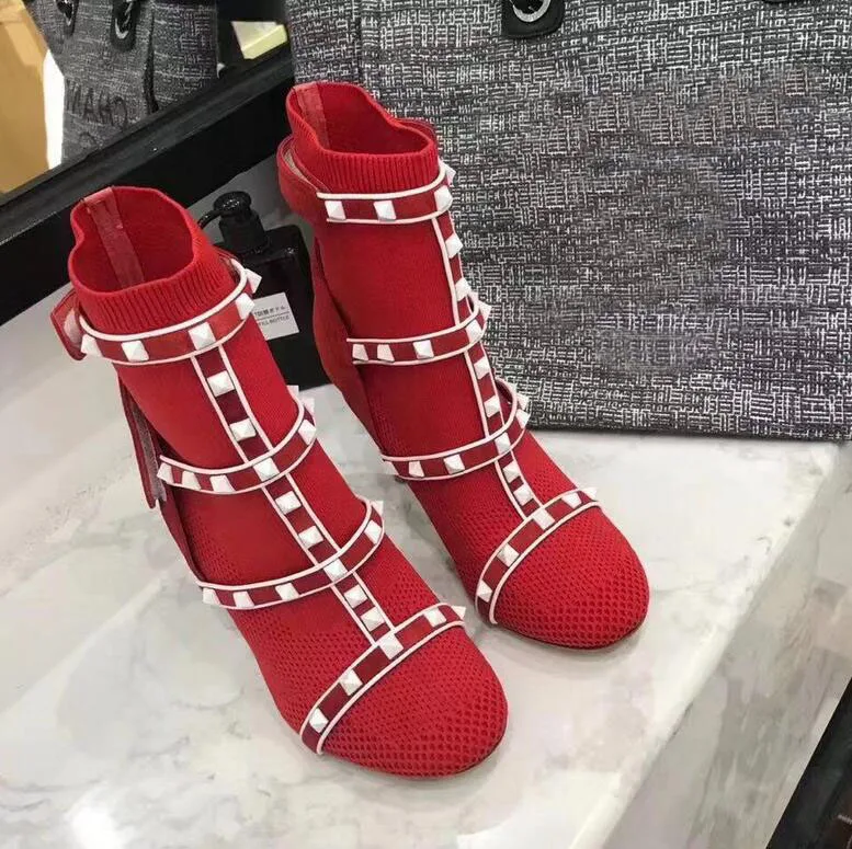 Botas de calcetin mujer punto comodidad botas tobillo tacón alto cuadradas moda puntiagudos zapatos elarsticos|Женские