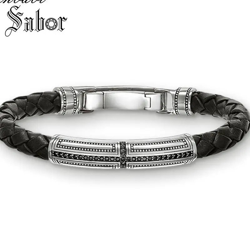 Кожаный браслет для мужчин черный крест острый серебряный цвет панк сердце