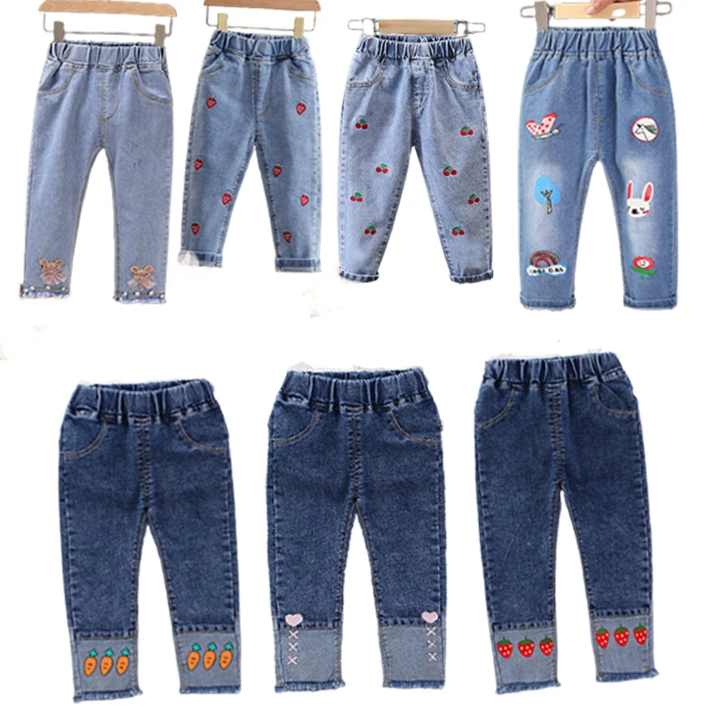 Baby Jeans Printing Cartoon Pants Spring Autumn Casual Trousers Denim Clothes Mid Waist No Faded Jeans Costume For Girls
