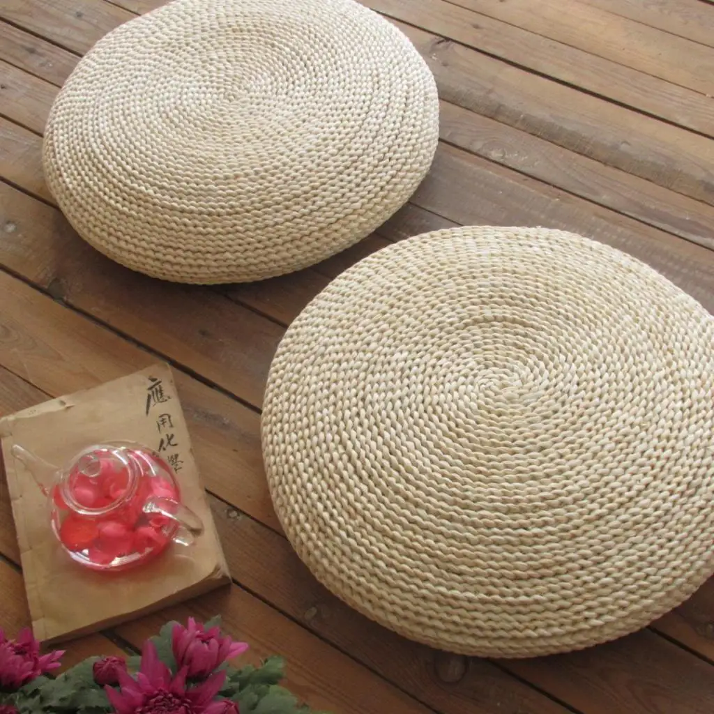 

Japaness Style Straw Futon Knitted Round Seat Cushion Dia. 40cm(15.75") Pouf