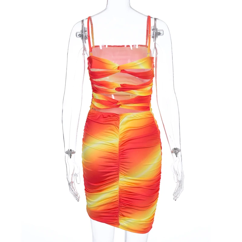 

2021 Sleeveless Tie Dye Backless Hollow Out Sexy Mini Dress Summer Women Fashion Streetwear Outfits Sundress