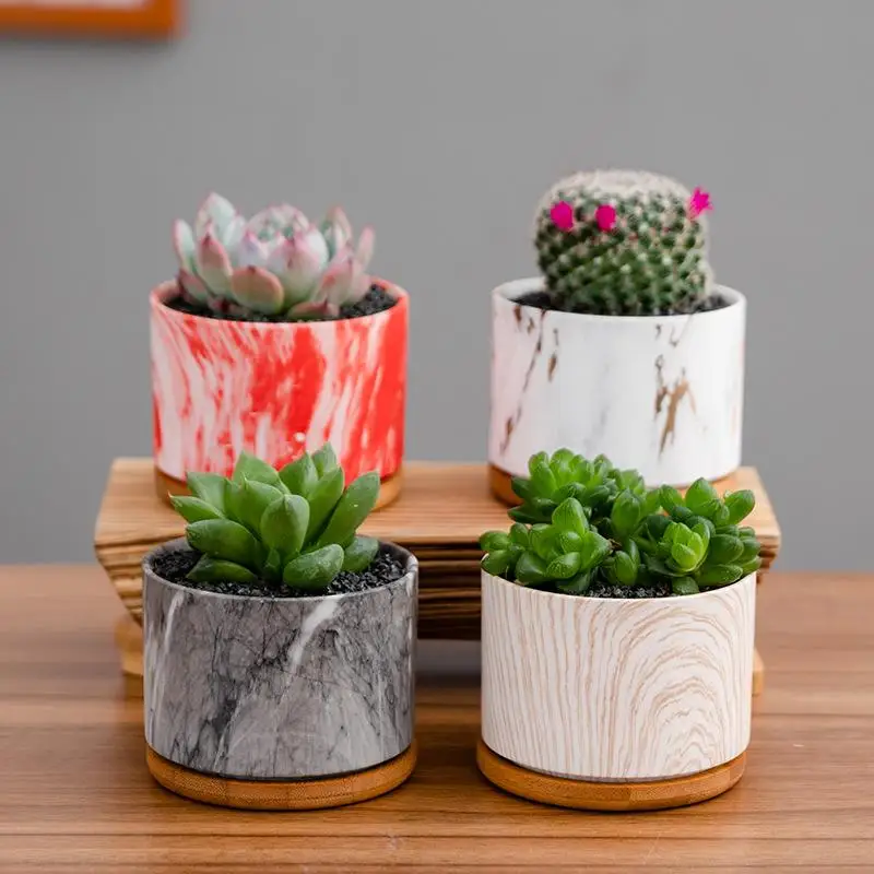 

4 Pcs/Set Desktop Vase Creative Marbled Succulent Flower Pot Ceramic Pot Succulent Flowerpot Set With Bamboo Support For Desktop