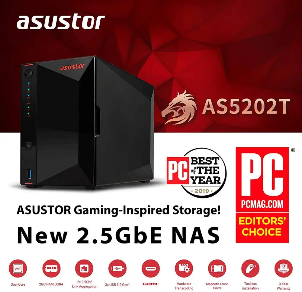 Asustor AS5202T Gaming Inspired NAS двухъядерный процессор 2 0 ГГц два порта 4 Гб ОЗУ DDR4 флэш памяти