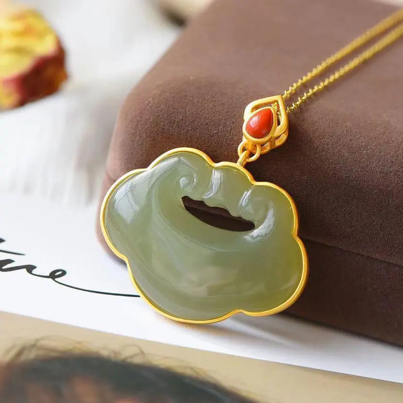 

New Inlay Natural Hetian Jade Gray Jade Lock of Good Wishes Necklace Pendant Simple Design with South Red women accessories