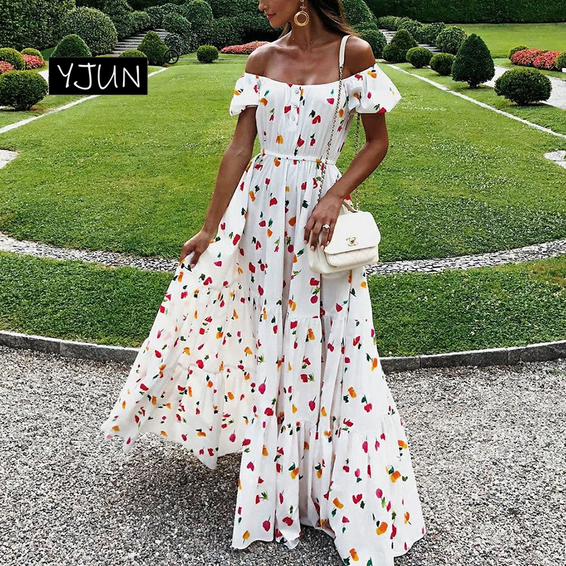 Summer Floral Dresses Maxi Sexy Off Shoulder Boho Puff Sleeve A-Line White Beach Long Dress Women | Женская одежда