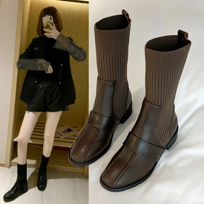 

Autumn Winter Socks Women's British Short Boots Thin Boots Fashion Knitting Match Riding Boots Luxury Shoes Women Designers