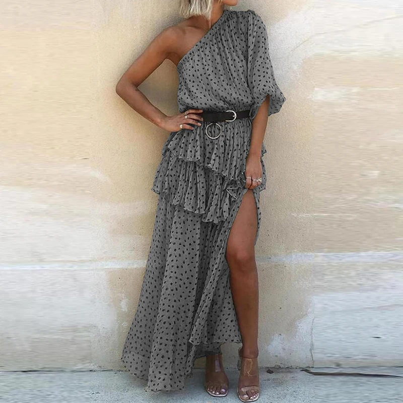 

2021 sexy diagonal collar chiffon summer dress spring off-shoulder irregular party dress ladies short-sleeved ruffled long dress