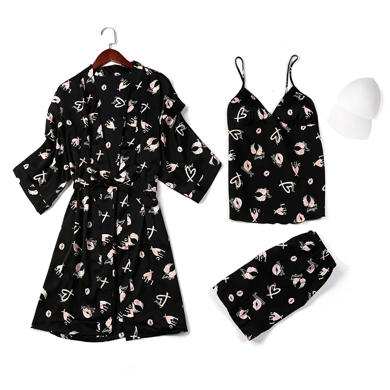 

Womens Printed Satin Sleepwear Pyjamas Women Silk Pijama Sweet Cute 3 Pieces Sets with Chest Pads Fashion Pajamas with Stanamas