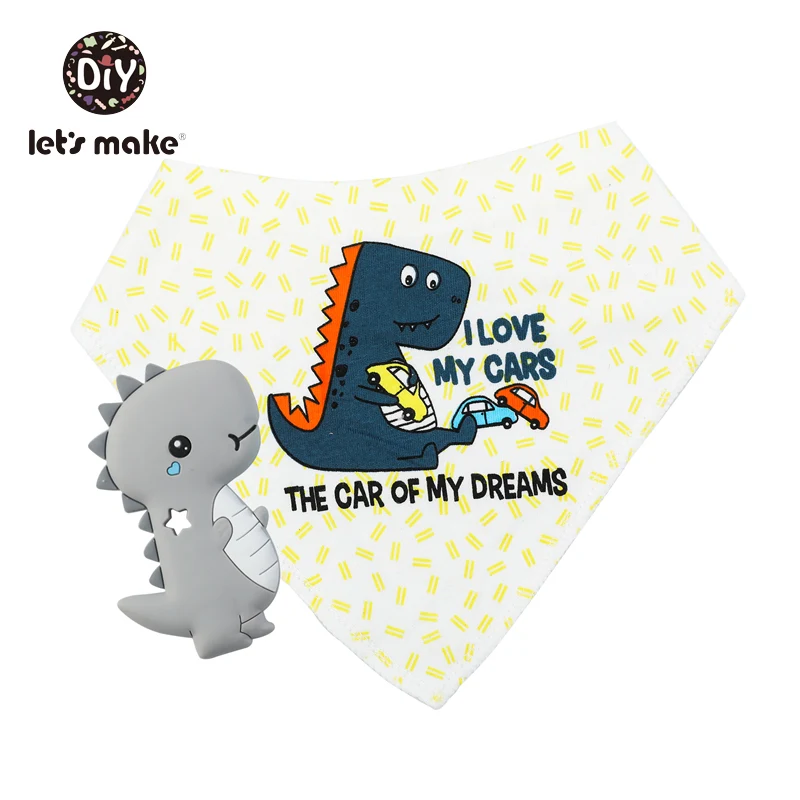 dinosaur teether bib Let's Make/детские вещи, Детские нагрудники и салфетки для отрыжки, 1 предмет, хлопковый нагрудник, мультяшный силиконовый прорезыватель, не содержит бисфенола, детские вещи, одежда для кормления - Цвет: dinosaur teether bib