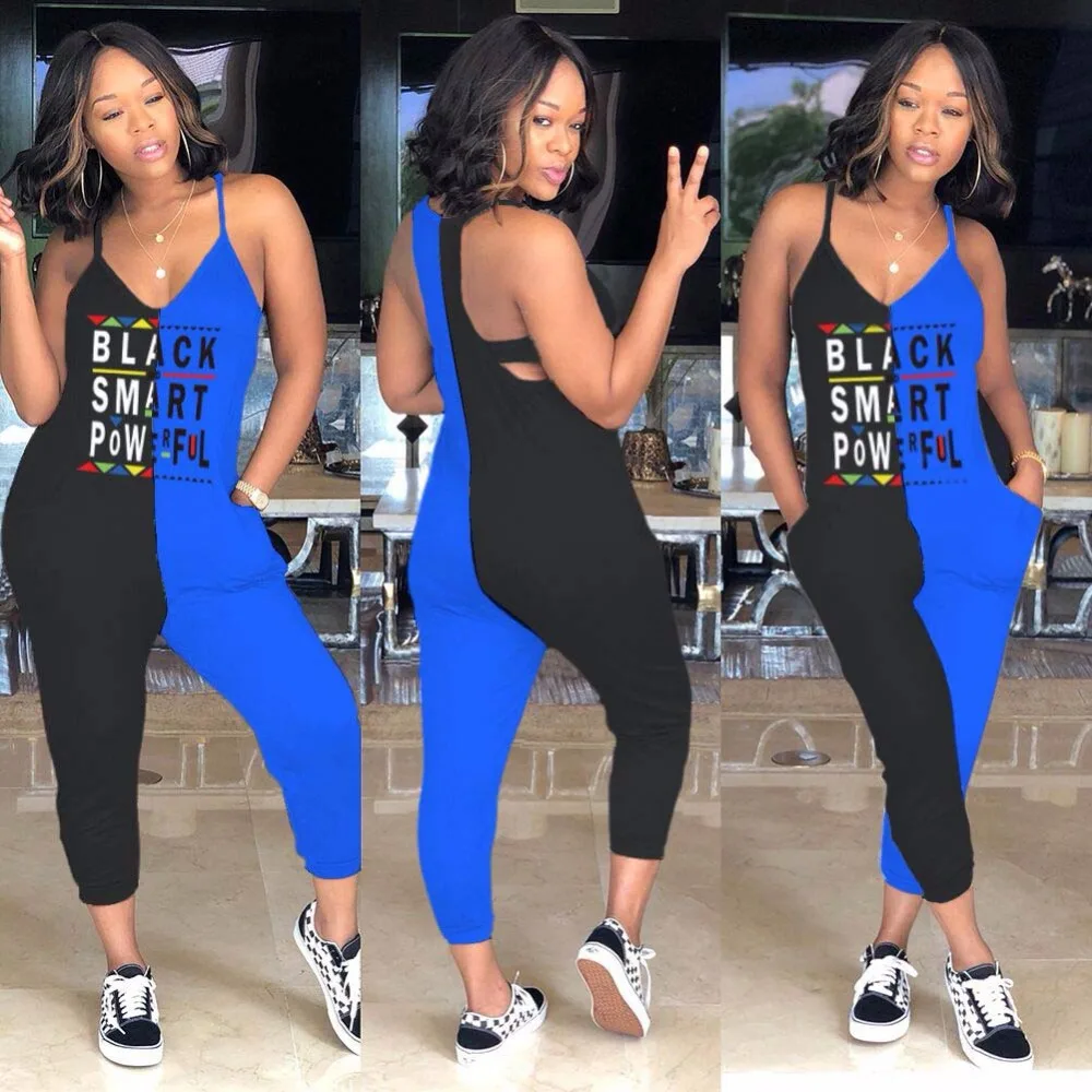 

Contrast Color Casual Jumpsuit Summer Spaghetti Strap V Neck Sexy Catsuit Lady Letter Print Pockets Ankle Length Overall Y104