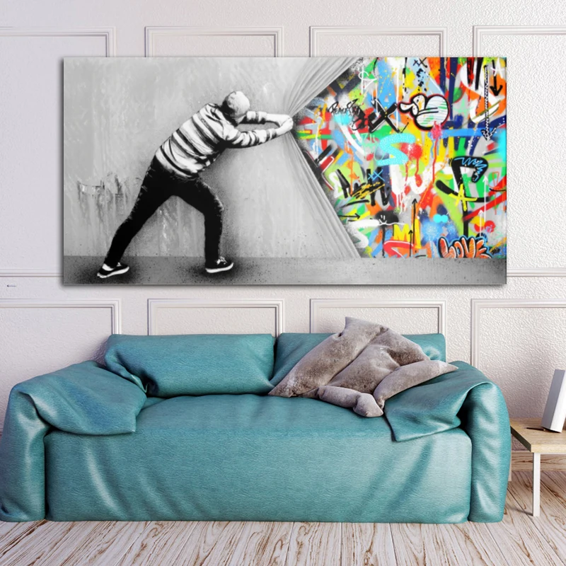 

Abstract Graffiti Behind The Curtain Banksy Street Art Canvas Painting Poster On The Wall Art Picture Cuadros Home Room Decor