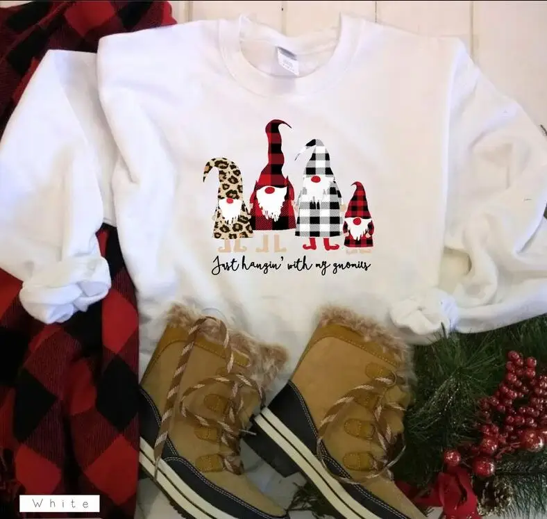 

Christmas Just Hangin'with my Gnomies Sweatshirt Long Slevee Casual Graphic Hoodies Christmas Colored Holiday Jumper Cotton Tops