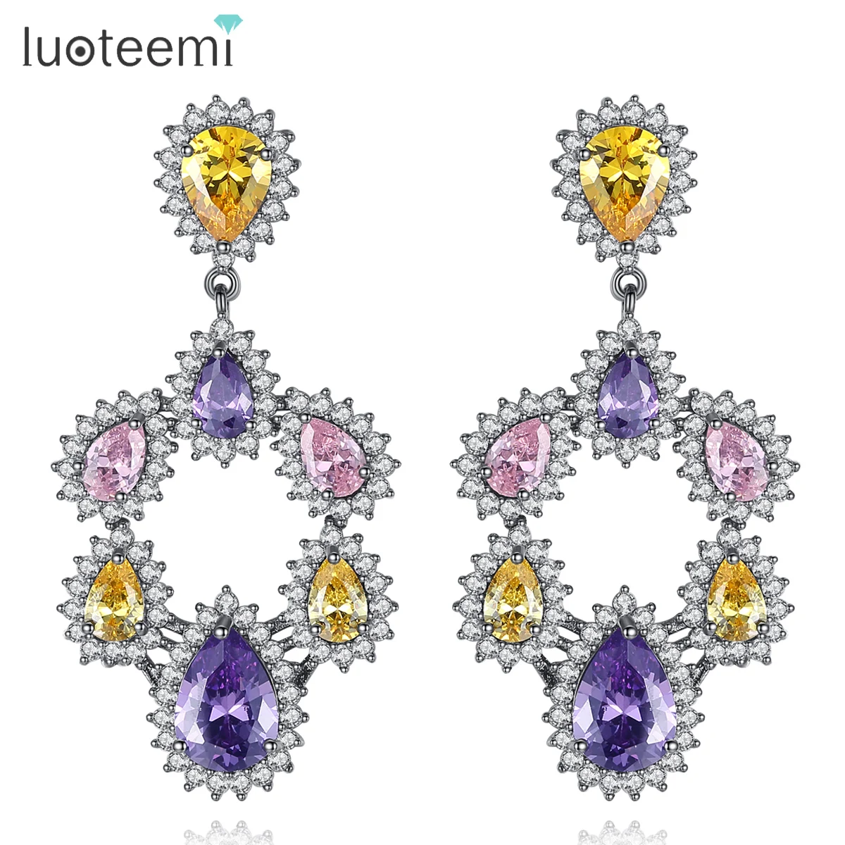 

LUOTEEMI Trendy Rainbow Black Long Dangle Earring For Women Top Quality Multi-color CZ Crystal Earring Charming Bijoux Wedding