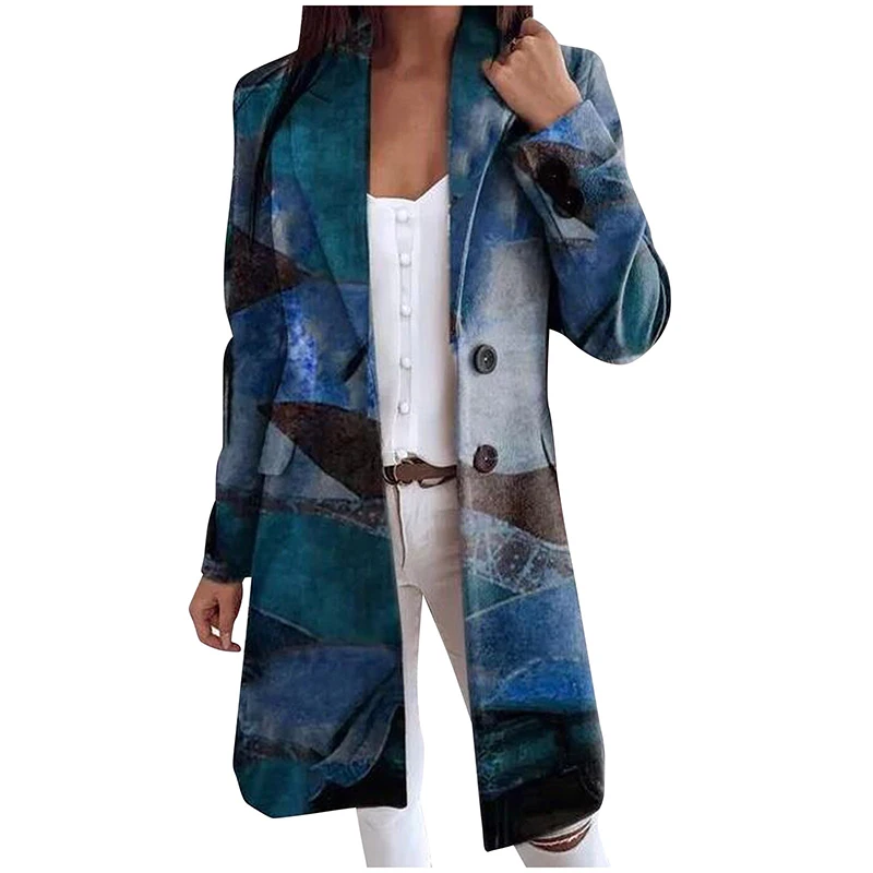 

Long Coat Woolen Jacket Women Wool Blend Warm Jacket Autumn Winter Fashion Print Overcoat Buttoned Mid-length Turn-down Collar