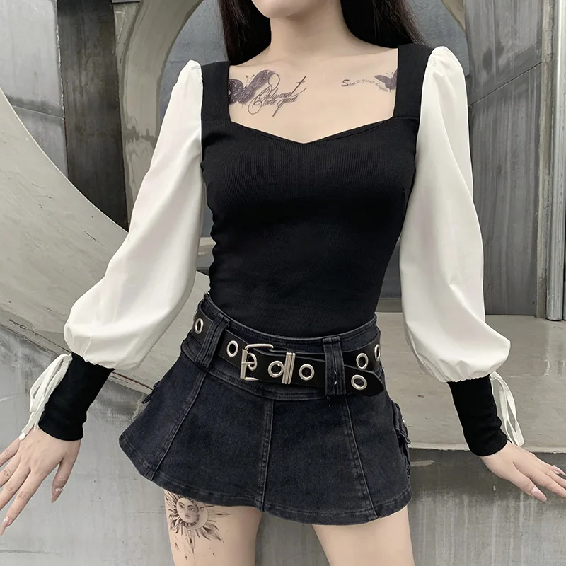 

Vintage Elegant Black White Patchwork Tops Gothic Sexy Long Sleeve Bandage Women's T-shirts Autumn Basic Casual Tops