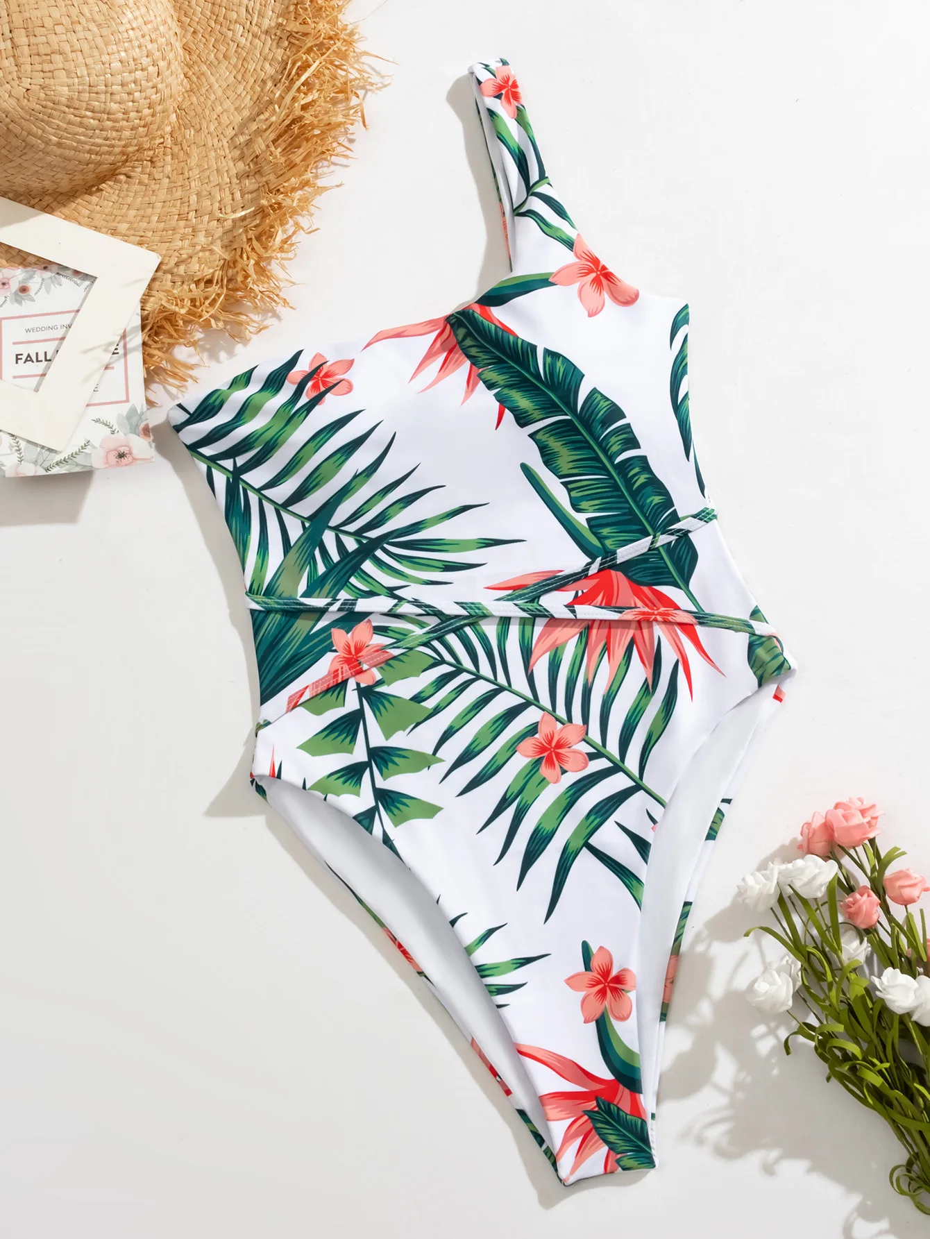 Wholesale 2021 One Piece Swimsuit Women One Shoulder Swimwear Plant Print Monokini Strings Belt Bathing Suit