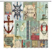 Nautical Anchor Starfish Lighthouse Rudder Lifebuoy Shell Coral Ocean Lovers Vintage Marine Life Theme Mint Shower Curtain