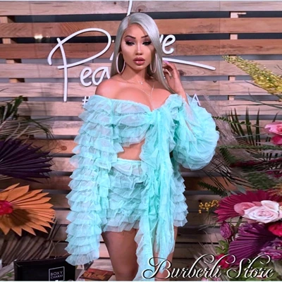 Реальное изображение Бирюзовый Оборки Тюль Короткие 2 шт. для женщин платья милое