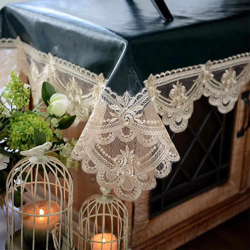 

European-style TV Cabinet Cover Cloth Leather Long Tablecloth Embroidery Lace Table Runner Waterproof Dustproof Cover Dark Green